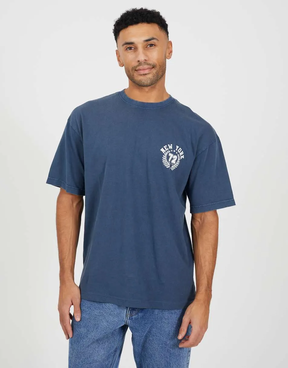 Brave Soul Cotton acid wash crew neck graphic t-shirt in blue