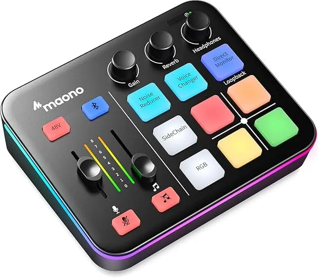 MAONO Gaming Audio Mixer, Audio Interface with Pro-preamp, RGB, Bluetooth, 48V Phantom Power for Live Stre…