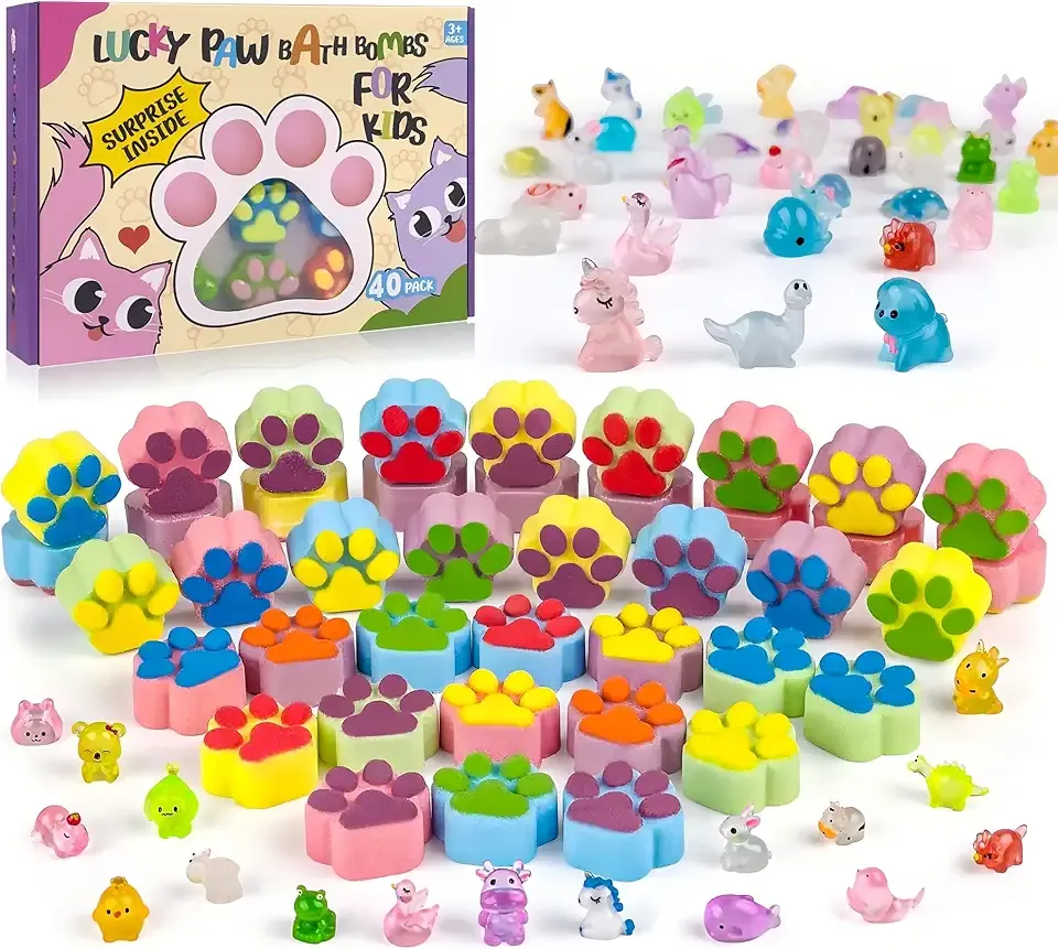 Bath Bombs for Kids with Surprise Inside, 40 Large Number Pack Paw Shape Bath Bombs Gift Set, Natural Organic Kids Bubble Bath Fizzy for Girls Boys with Bath Toys Inside