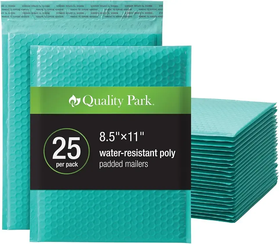 Quality Park Bubble Mailers, 8.5 x 11 Shipping Envelopes, Water Resistant Teal Poly Padded Envelopes, Redi-Strip Peel Off Closure, 25 Per Box (QUA85860)