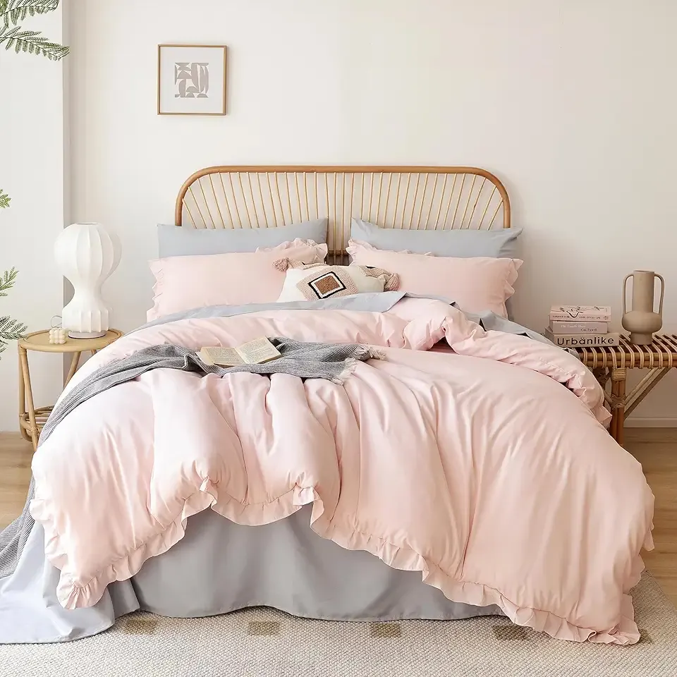 JANZAA Full Size Comforter Pink Comforter Set 3PCS 1 Ruffled Comforter Set and 2 Pillow Cases Blush Pink Bed Set Vintage Farmhouse Shabby Chic Bedding Soft All Season