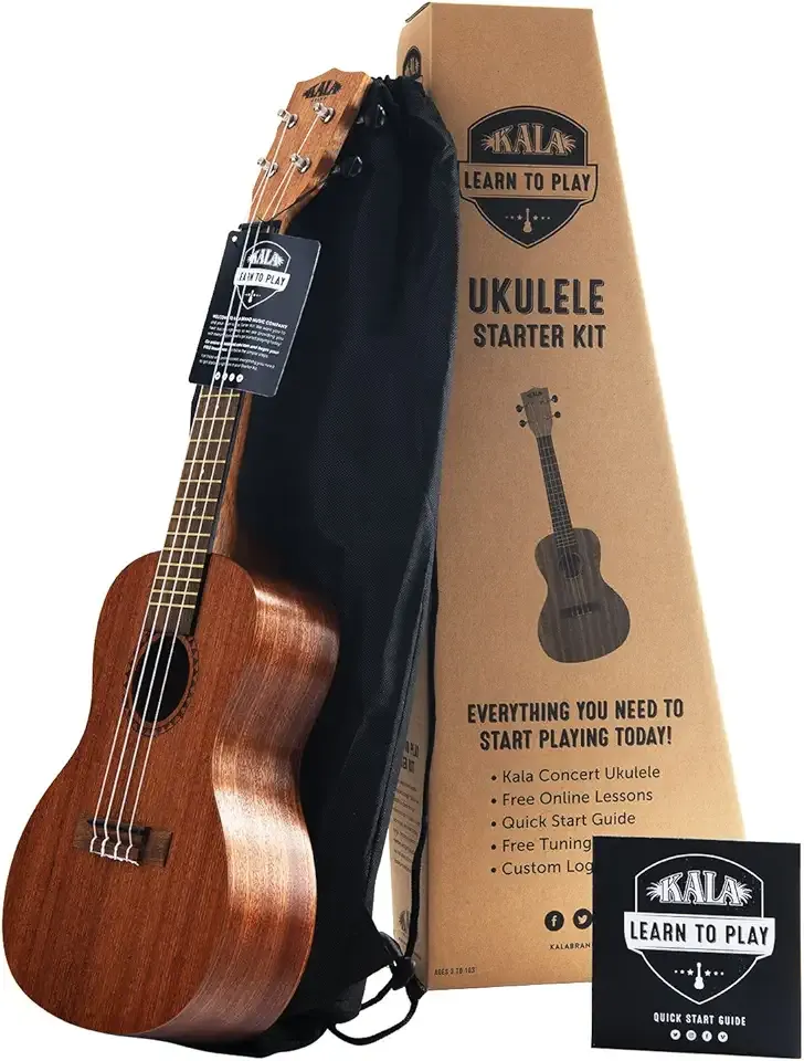 Official Kala Learn to Play Ukulele Concert Starter Kit, Satin Mahogany – Includes online lessons, tuner app, and booklet (KALA-LTP-C)