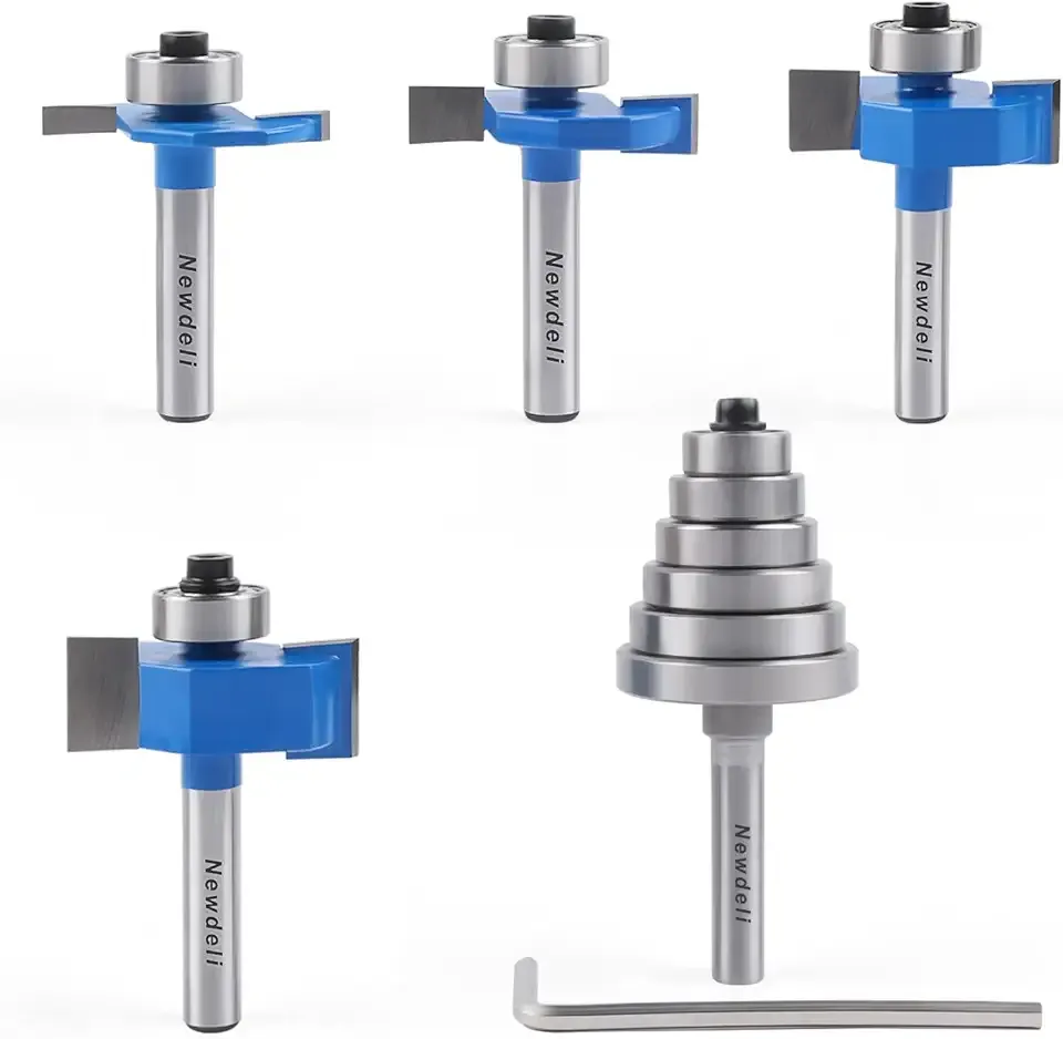 Newdeli Rabbet Router Bit Set 1/4 Inch Shank - 4Pcs Rabbeting Router Bits(1/8",1/4",3/8", 1/2" Height) with 6 Bearings Set (3/8", 1/2", 5/8", 3/4", 7/8", 1-1/8" Bearings) - Wood Biscuit Slot Cutters