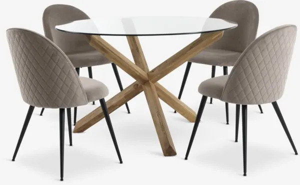 AGERBY Ø119 tafel naturel eik + 4 KOKKEDAL stoelen grijs