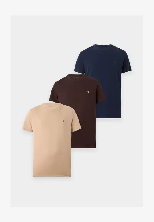 3 PACK - T-shirts - dark blue/beige/dark brown