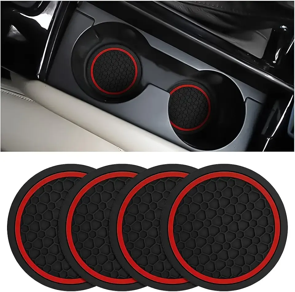 Mandark 4PCS 2.75 Inch Car Cup Holder Coasters, Non-Slip, Black/Red | PVC construction, washable waterproof surface, fits most cars, SUVs, and trucks, automotive accessories