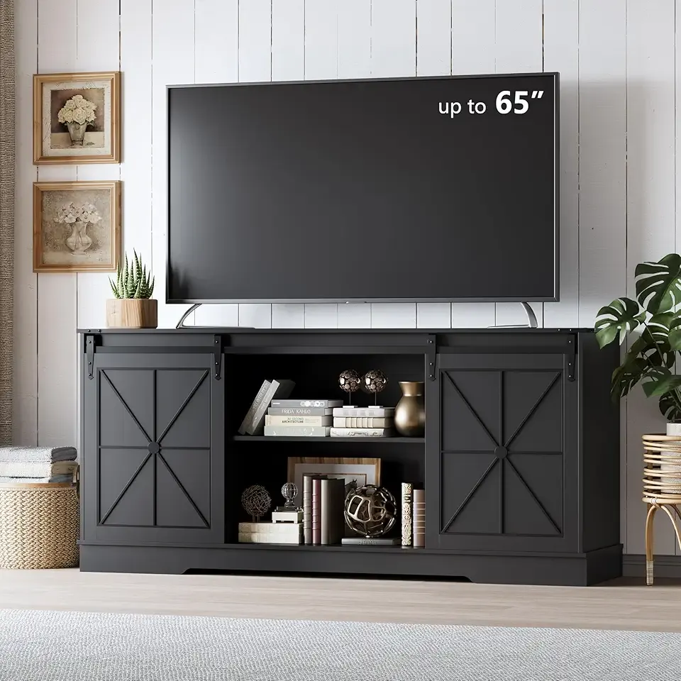 Farmhouse TV Stand for 65/60/55 Inch Tvs, Rustic Entertainment Center with Storage Cabinets & Sliding Barn Doors, Modern Media Console Table, Wood Television Furniture for Living Room, Bedroom, Black