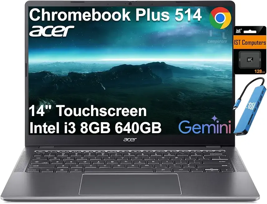 Acer Chromebook Plus 514 Laptop (14" FHD+ Touchscreen, Intel 8-Core i3-N355, 8GB RAM, 640GB Storage, 2TB Cloud Storage) for Business and Student, 1080p Webcam, Backlit KB, Wi-Fi 6E, Chrome OS