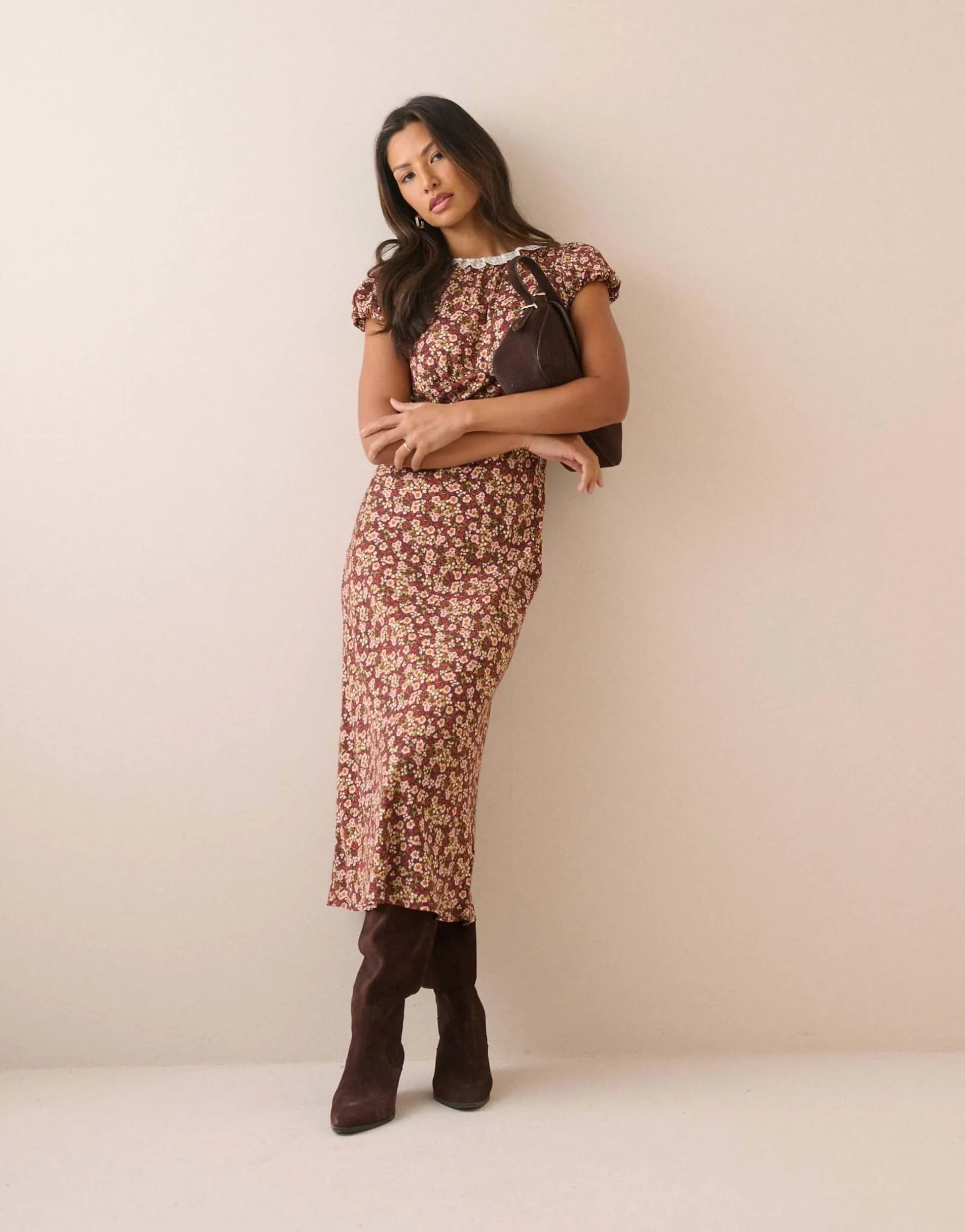 Nobody's Child Floral puff sleeve marianna midi dress in brown