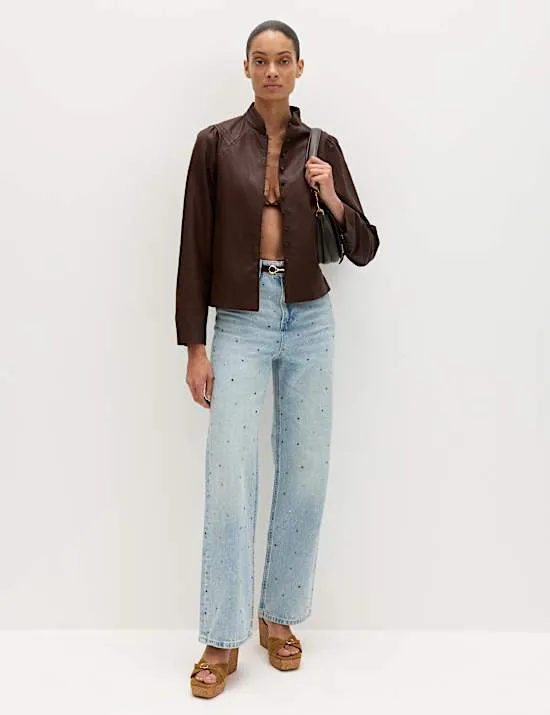 Relaxed High Waisted Gem Embellished Straight Leg Jeans