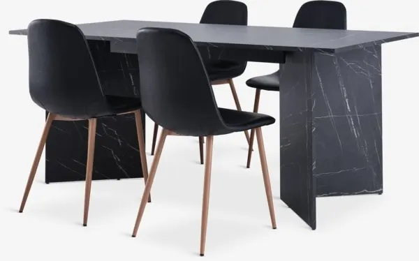 KRONDAL L180 tafel marmer + 4 JONSTRUP stoelen zwart