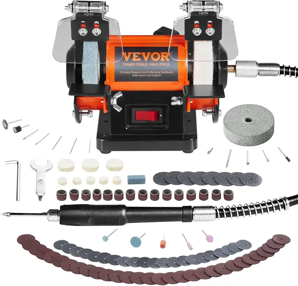 VEVOR Bench Buffer Polisher, Bench Buffer Grinder Polishing & Buffing Machine for Metal/Jewelry/Wood/Jade/Plastic/Silver DIY, with Wool/Abrasive Fiber Wheel/Grinding Wheel,100pcs Tools, 3590RPM