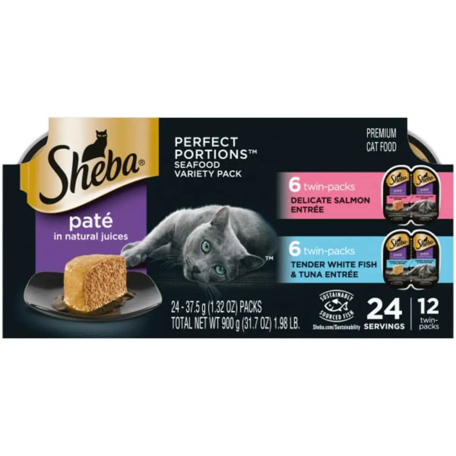SHEBA Wet Cat Food Pate Variety Pack, Delicate Salmon and Tender Whitefish & Tuna Entrees, (12) 2.6 oz. PERFECT PORTIONS Twin Pack Trays