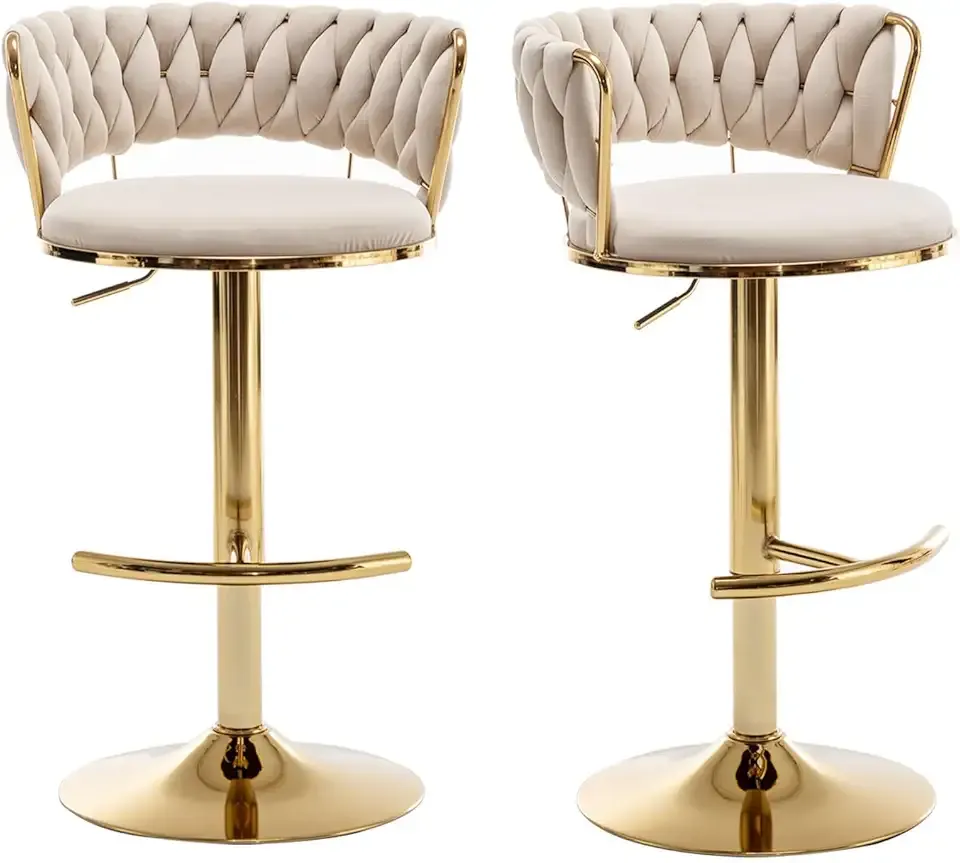 Riknuxi Velvet Bar Stools Set of 2, Counter Height Barstools with Low Back, Gold Swivel Bar Stool for Kitchen Island, Pub (Beige)