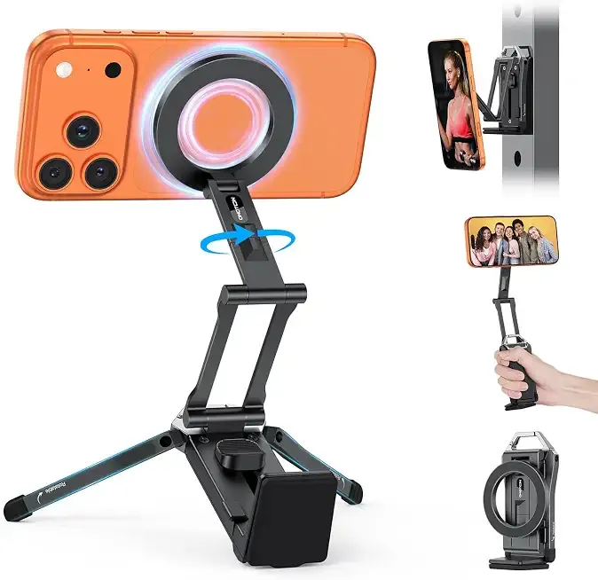 TP02 360° Rotating for MagSafe Tripod, Aluminum Magnetic Phone Tripod for iPhone 17/16/15 Pro Max Air Women Men, Foldable Cell Phone Stand Fits Vlog, Gym, Travel Essentials Accessories Gift
