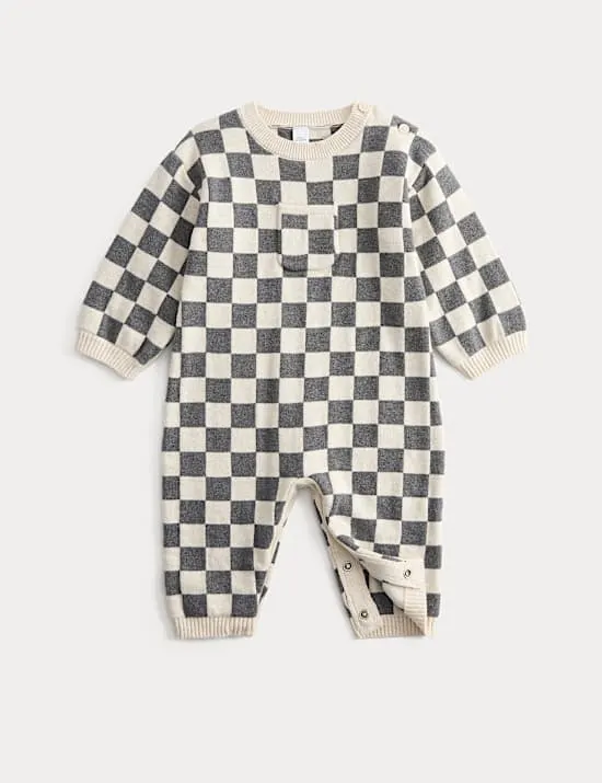 Pure Cotton Checkerboard Knitted All in One (0-12 Mths)