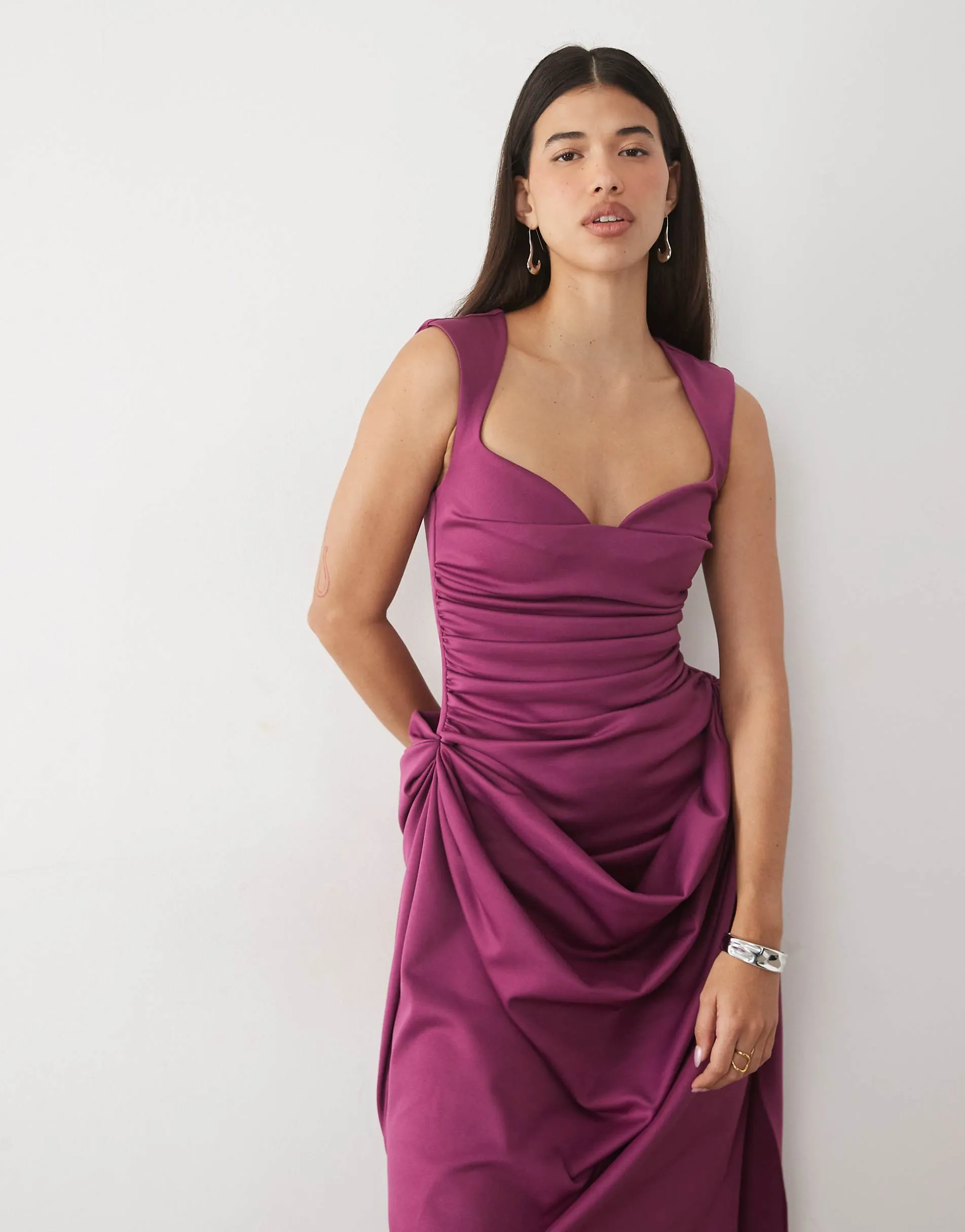 ASOS DESIGN structured midi dress with draped skirt in plum scuba-style fabric