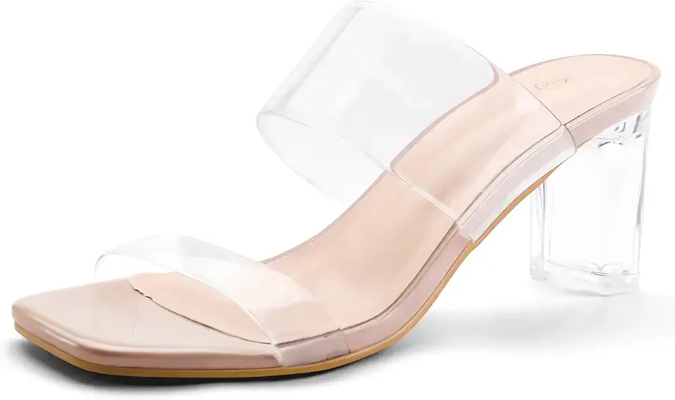 Clear Heels for Women Transparent Two Strap Block Chunky Square Heel Sandals Open Toe Slip On Sandals