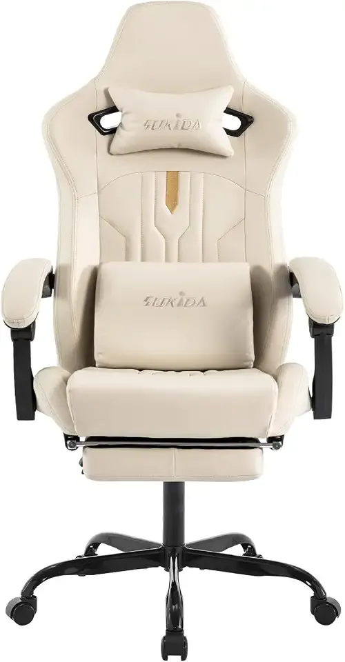 Gaming Chair with Footrest Ergonomic Computer Chair Massage Lumbar Cushion, Racing Video Game Chair Adjustable Rocker Recliner Executive Office Desk Chair Pu Leather for Adults, Beige