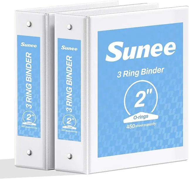 SUNEE 3 Ring Binder 2 Inch 2 Pack, Clear View Three Ring PVC-Free (Fit 8.5x11 Inches) for School or Office Supplies, White
