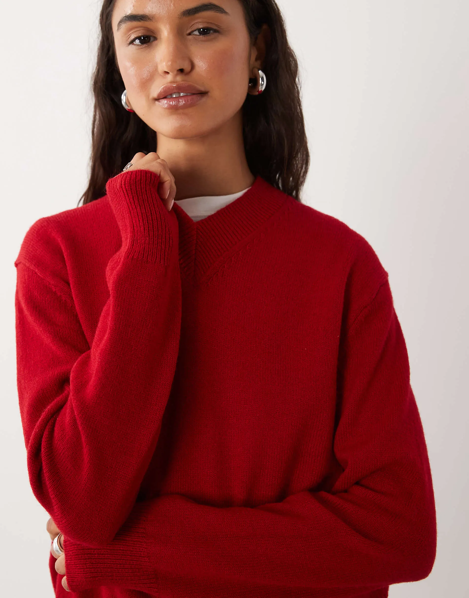 Mango knitted v neck jumper in red