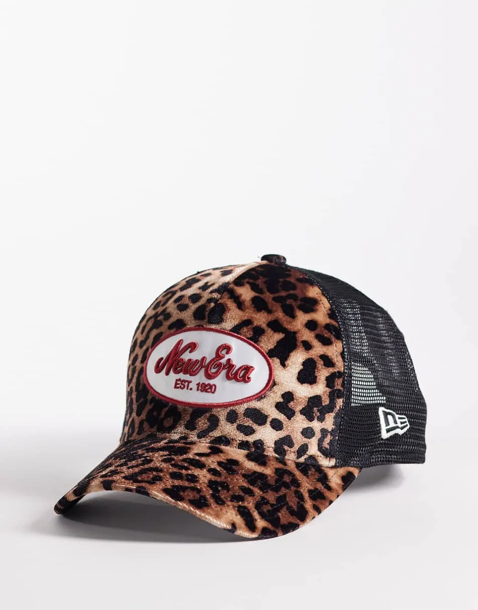 New Era patch logo womens leopard print trucker cap in multi