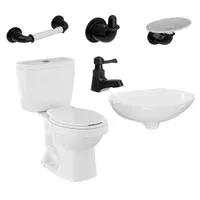 Combo Ecoline: Sanitario Ecoline Redondo Blanco De 2 Piezas + Lavamanos Milano + Grifería Sencilla Balta Negro + Accesorios Valencia 3 Piezas Corona