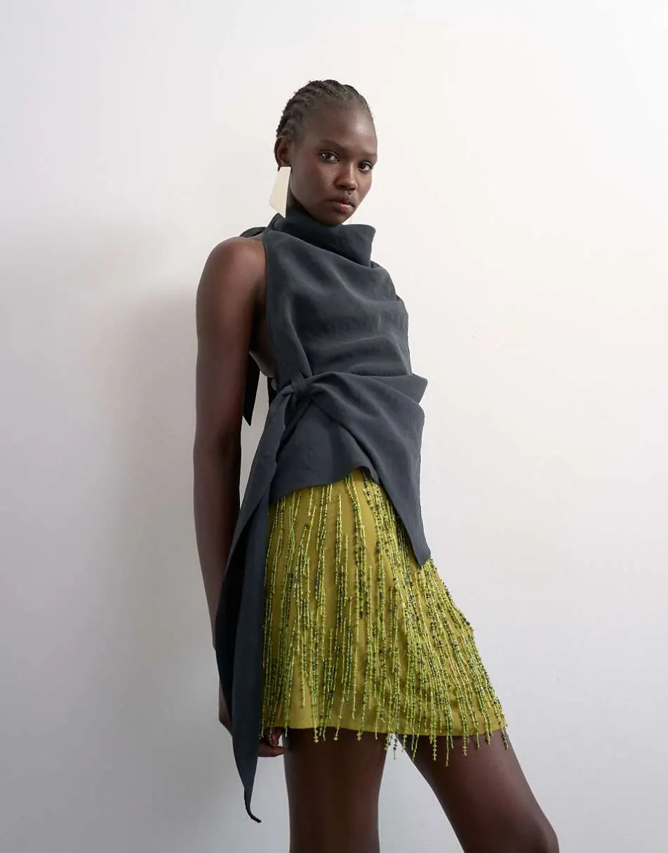 Topshop heavy beaded mini skirt in green