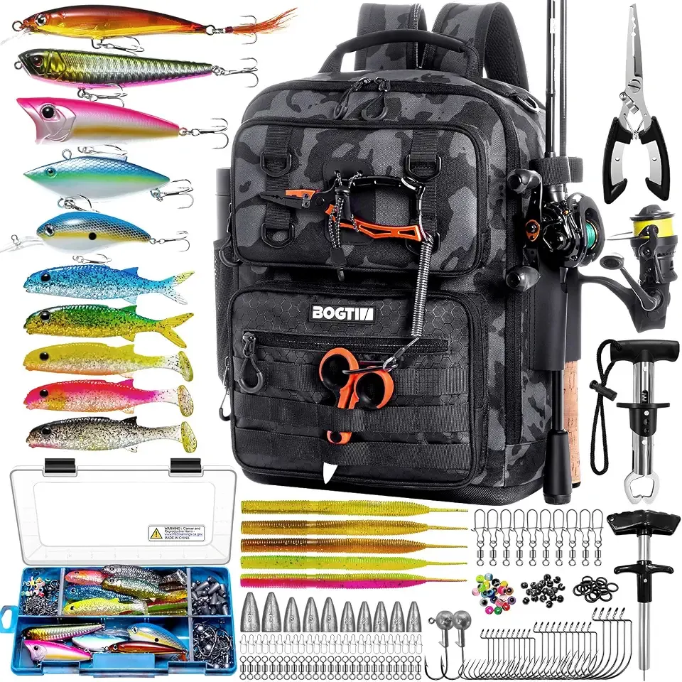 Fishing Gear Backpack with Tackle Box and 2 Rod Holders,Lure Kit & Tool Set