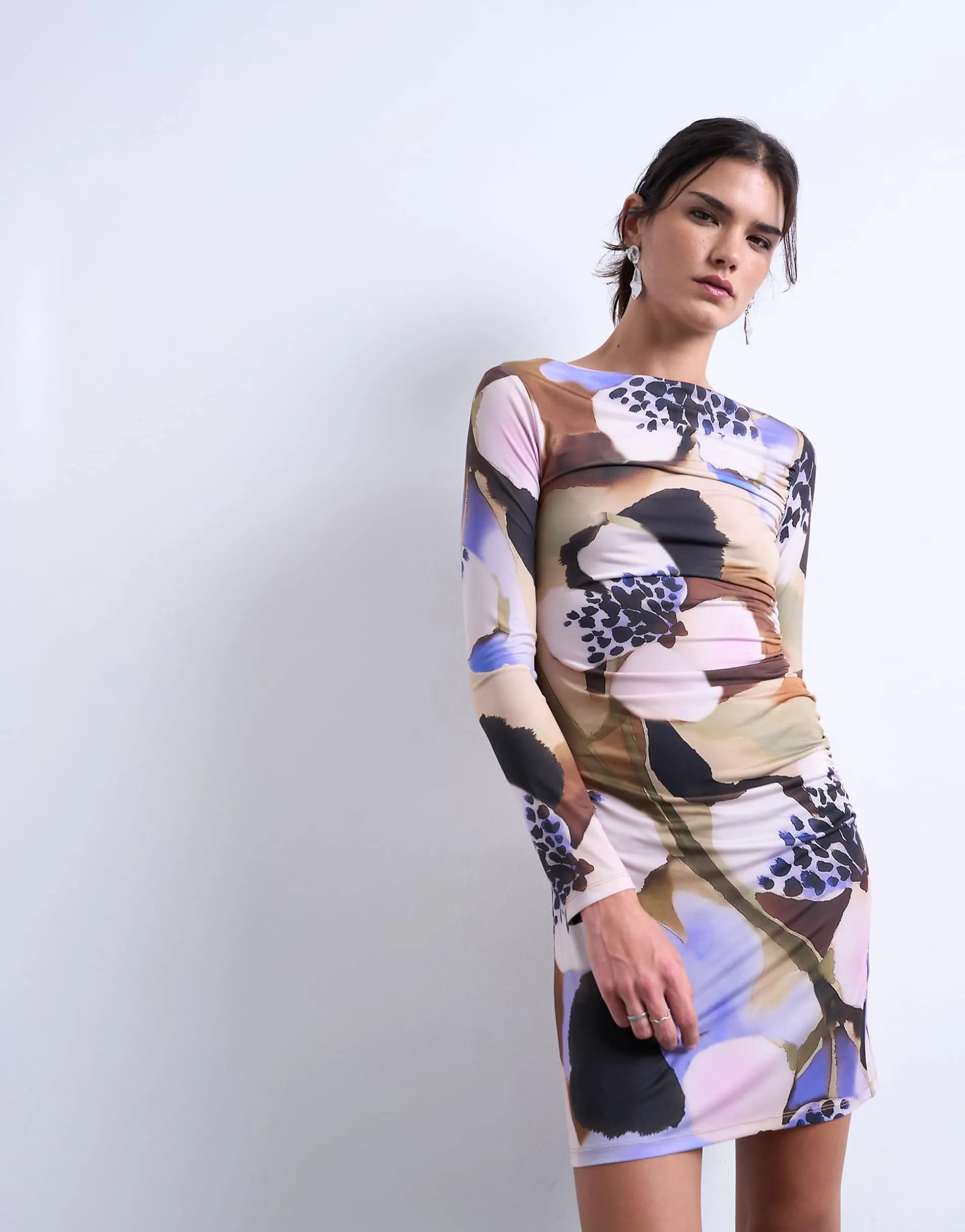 Topshop floral print long sleeve ruched side slinky mini dress in multi