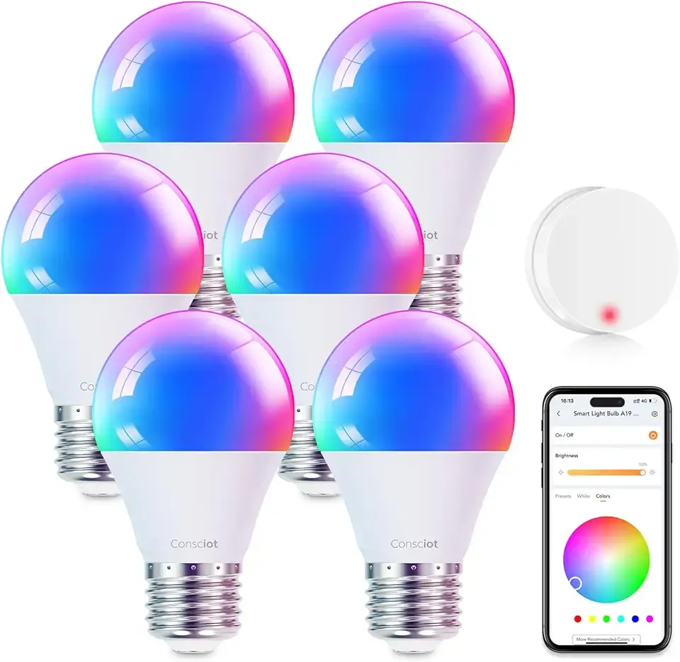 Consciot Smart Light Bulbs with Remote Control, LED Light Bulb That Works with Alexa & Google Home, Color Changing Light Bulb, A19 E26 2.4Ghz WiFi Light Bulbs 60 watt equivalent, 800lm Dimmable 6 Pack