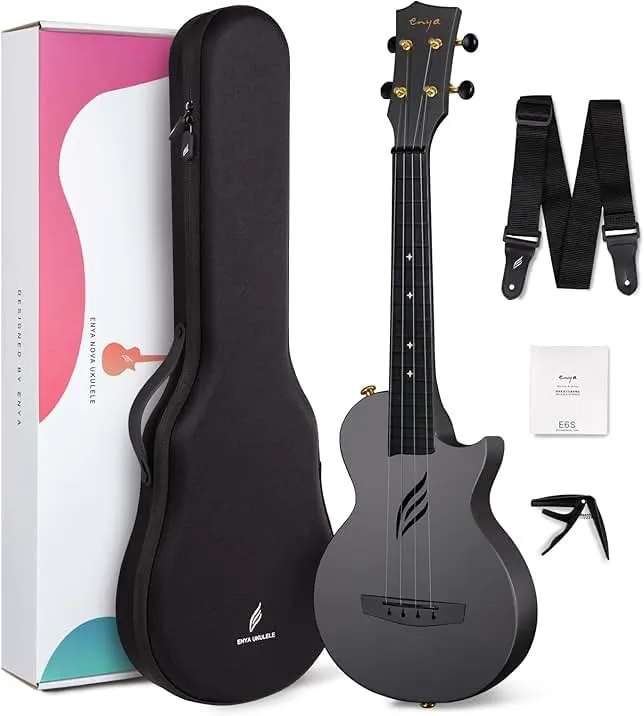 Enya NOVA U 23-Inch Carbon Fiber Concert Travel Ukulele, Black | Waterproof Body, Resists Humidity, Heat and Cold, Lightweight 1.25 lb, for Adults and Beginners, Case, Strap, Capo, Strings