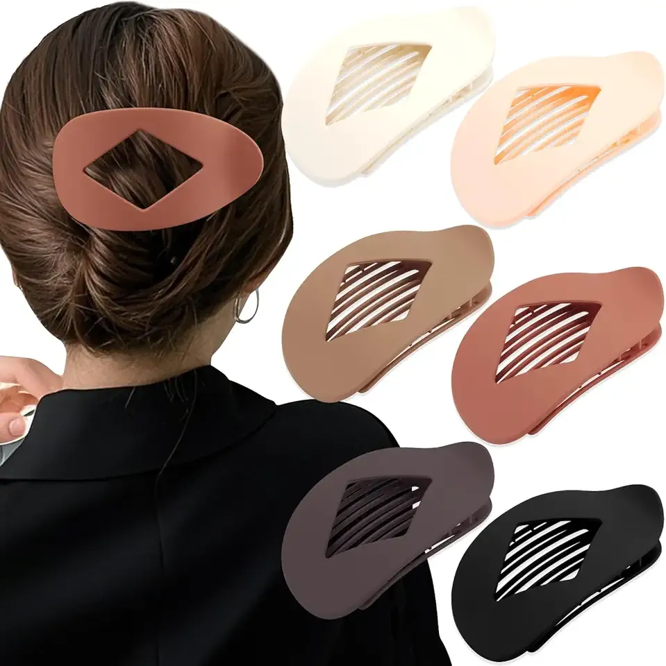 Large Flat Round Hair Clips Oval Claw Clips for Thick Medium Thin Hair 6Pcs Non Slip Strong Hold Barrettes Duckbill Accessories for Women Girls Matte Solid Neutral Color