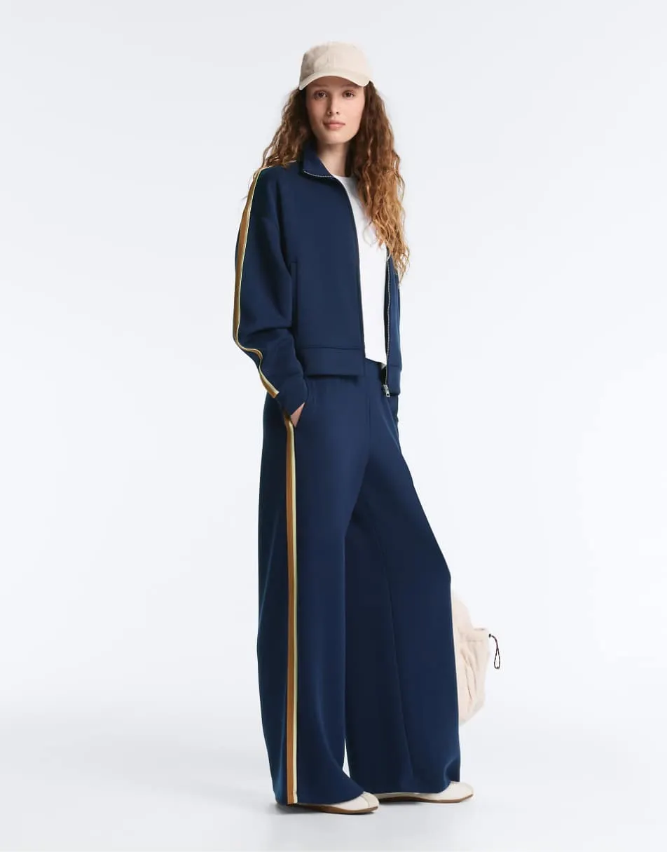 OYSHO Twill straight trousers with side tape in navy