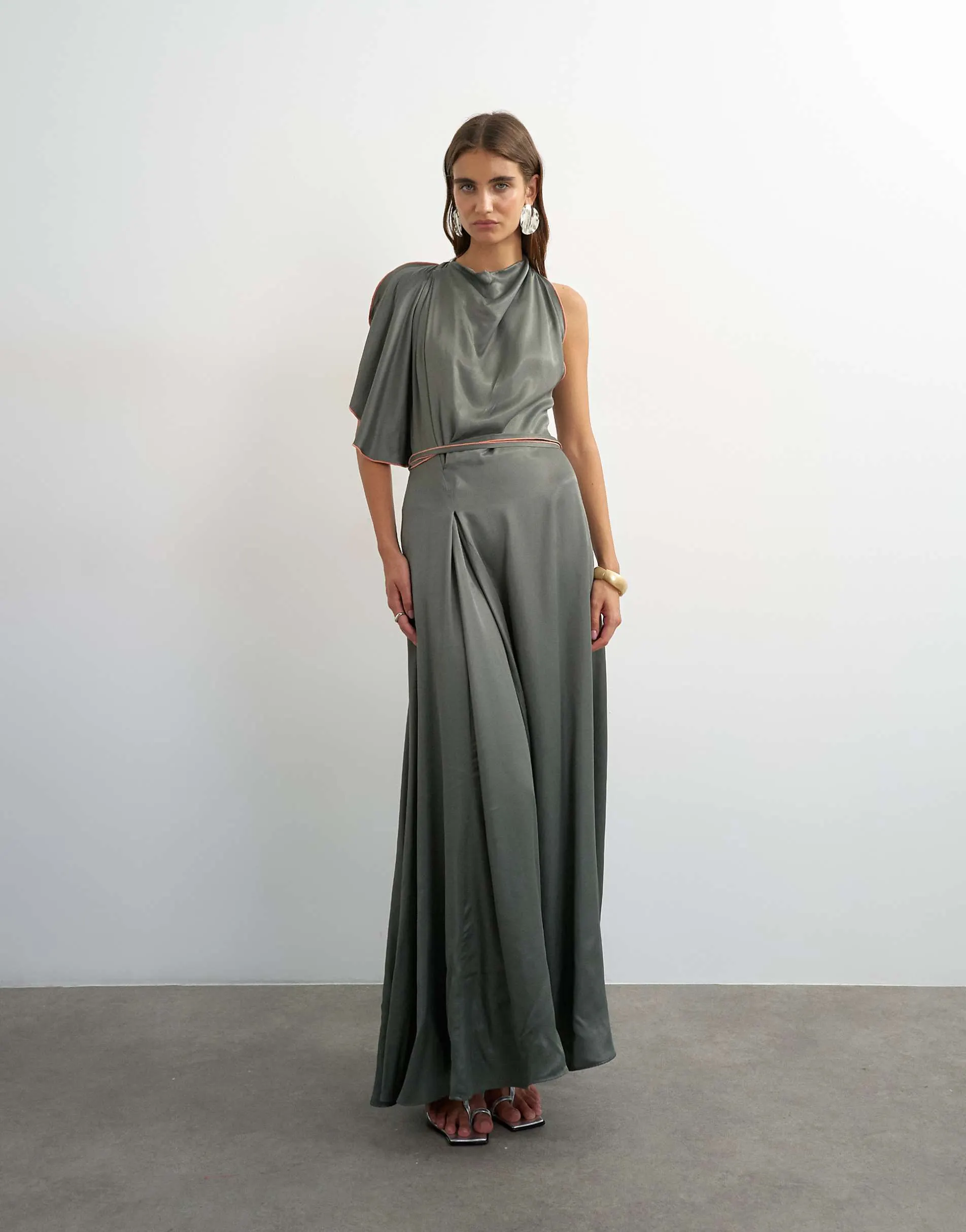 Topshop satin high cowl neck asymmetric maxi dress with peach contrast trim in petrol