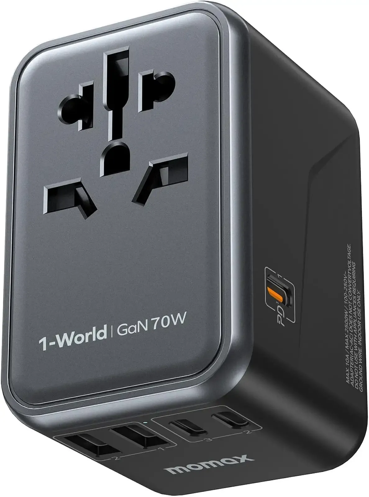 MOMAX Universal Travel Adapter 70W GaN, 3 USB-C PD & 2 USB-A QC, International Power Adapter Outlet, 6-in-1 Wall Charger for Laptop, Phone, European Travel Plug Adapter for UK/US/AUS/JP