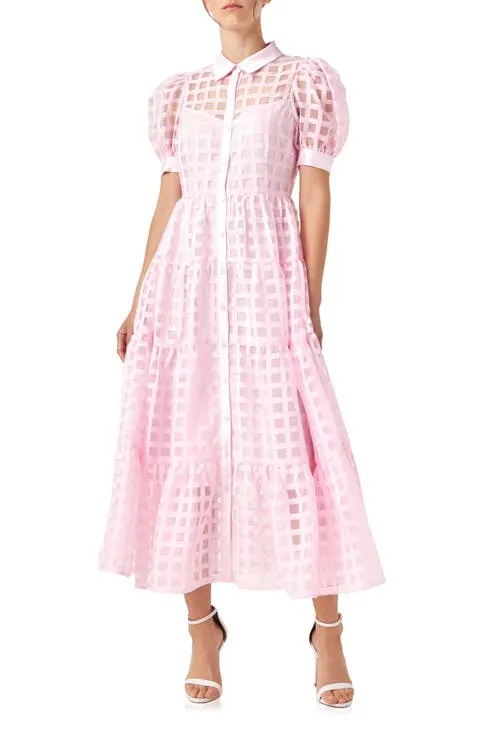 English Factory Grid Pattern Tiered Midi Shirtdress