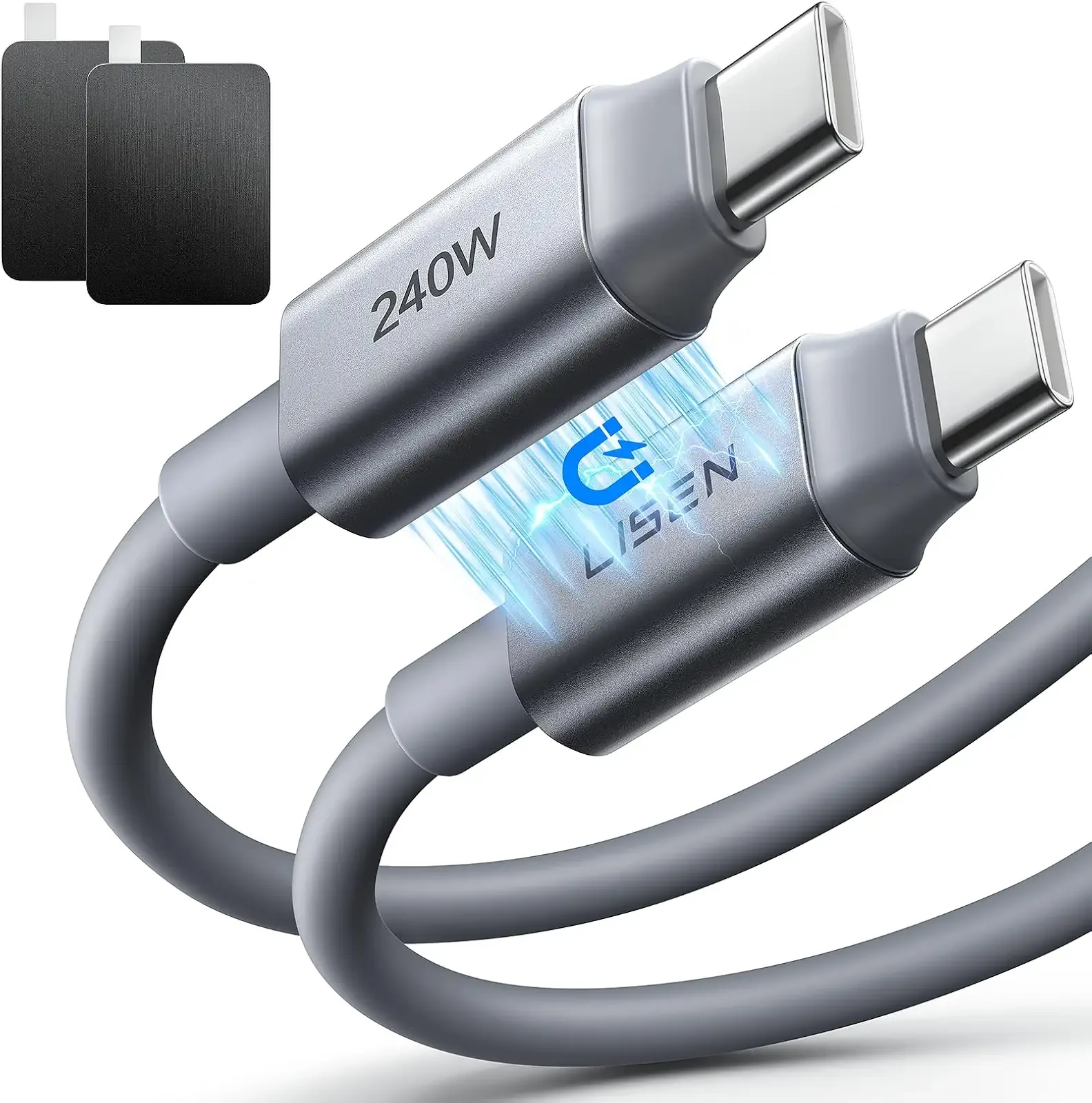 LISEN Magnetic USB C Cable 240W Fast Charging Cable Silicone Soft Durable | 2 Pack, Grey, 5FT | USB C Cable for iPhone 17 16/15 Series, Samsung Galaxy S25/S24, MacBook Pro/Air, iPad Pro/Air/Mini