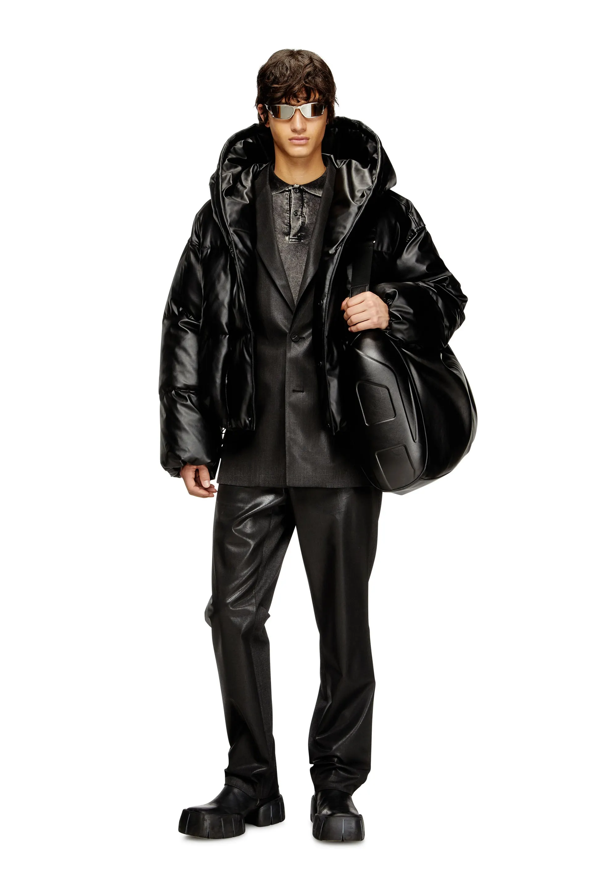 Hooded puffer jacket in coated fabric
