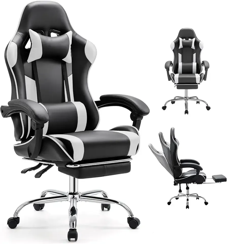 DUMOS Ergonomic Gaming Office Desk Chair with Footrest, Height Adjustable 360° Swivel Computer Video Game Chair with Headrest and Lumbar Support, Black White