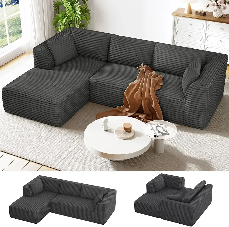Vesgantti 106" Boneless Couch with Chaise, Deep Seat Comfy Cloud Modular Sofa Corduroy Memory Foam Sectional Couches for Living Room Bedroom, No Assembly Required (Grey, Left-Facing Chaise)