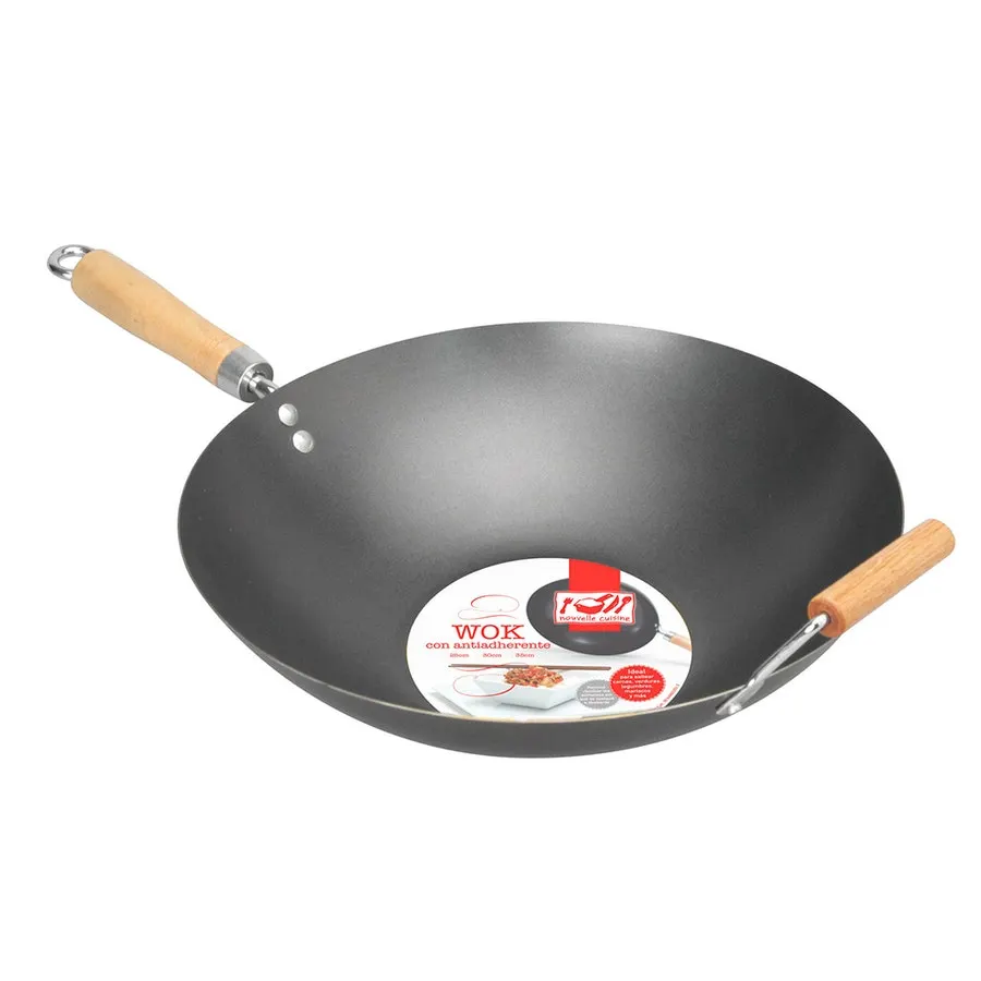 Wok antiadherente 35 cm con asa y mango madera Nouvelle Cuisine