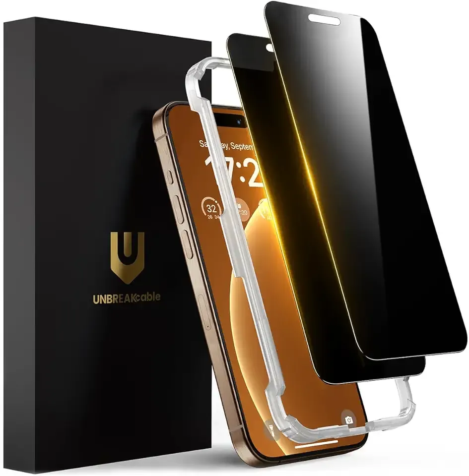 UNBREAKcable Privacy Screen Protector for iPhone 16 Pro, Full Coverage Shatterproof Tempered Glass [True 28°Anti Spy] [9H Hardness] [Installation Frame] Private Protector for iPhone 16 Pro - 2 Pack
