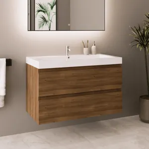 Mueble de baño suspendido con lavabo 80 cm roble dorado con 2 cajones - LOMAZOO Monaco