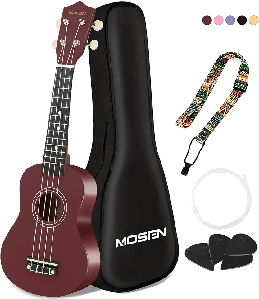 MOSEN Ukulele for Beginners 21 Inch All in One Kit Beginner Professional Ukulele Including Straps, Strings, and Paddles (Brown)