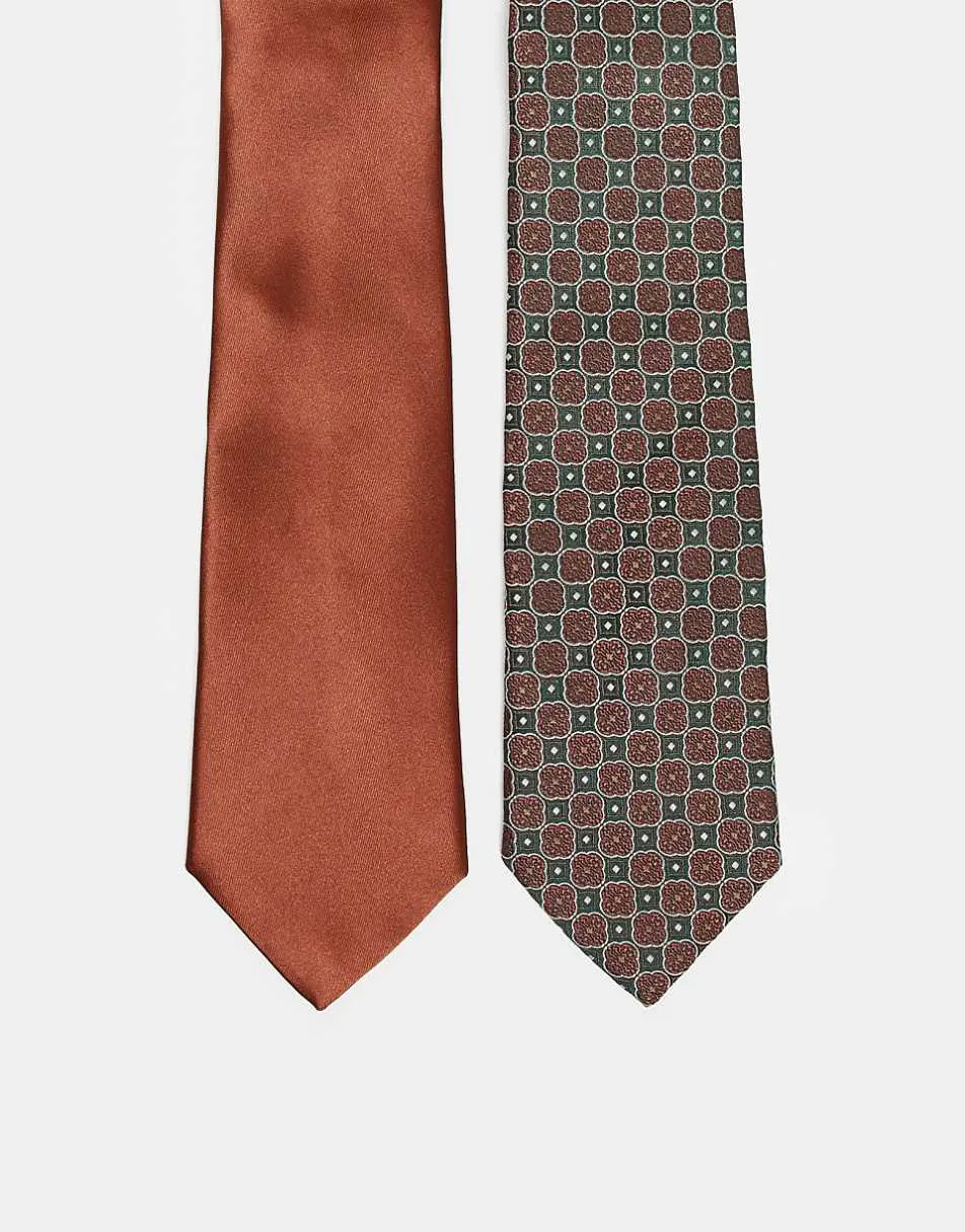 ASOS DESIGN 2 pack burnt orange and patterned tie in multi