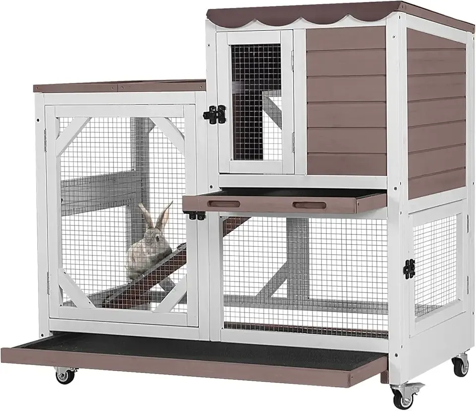GUTINNEEN Rabbit Hutch Indoor Outdoor 2 Story Bunny House on Wheels Wood Rabbit Cage with 2 Pull Out Trays Guinea Pig Cage