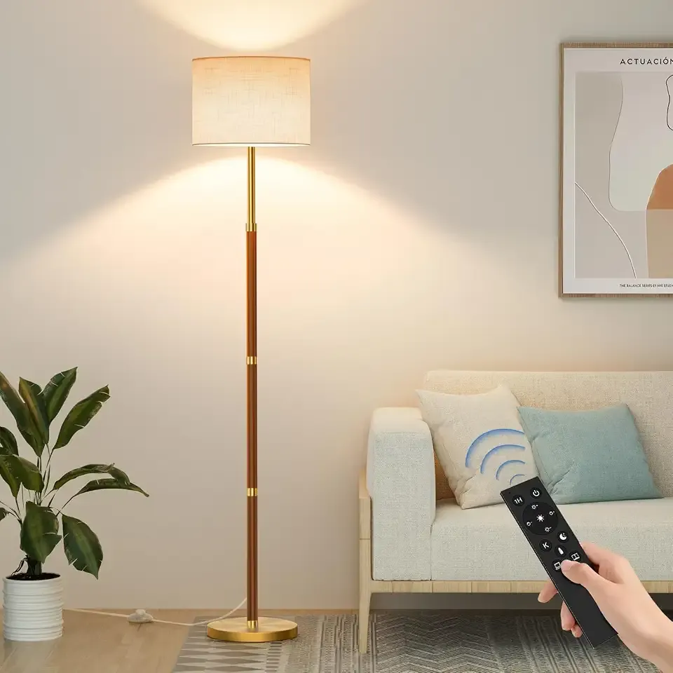 SIBRILLE 62" Mid Century Modern Wood Floor Lamp with Remote & Foot Switch | 3 Color Temperatures and Brightness Adjustable, Standing Lamp for Living Room Bedroom Office Reading Room, 9W Bulb Included