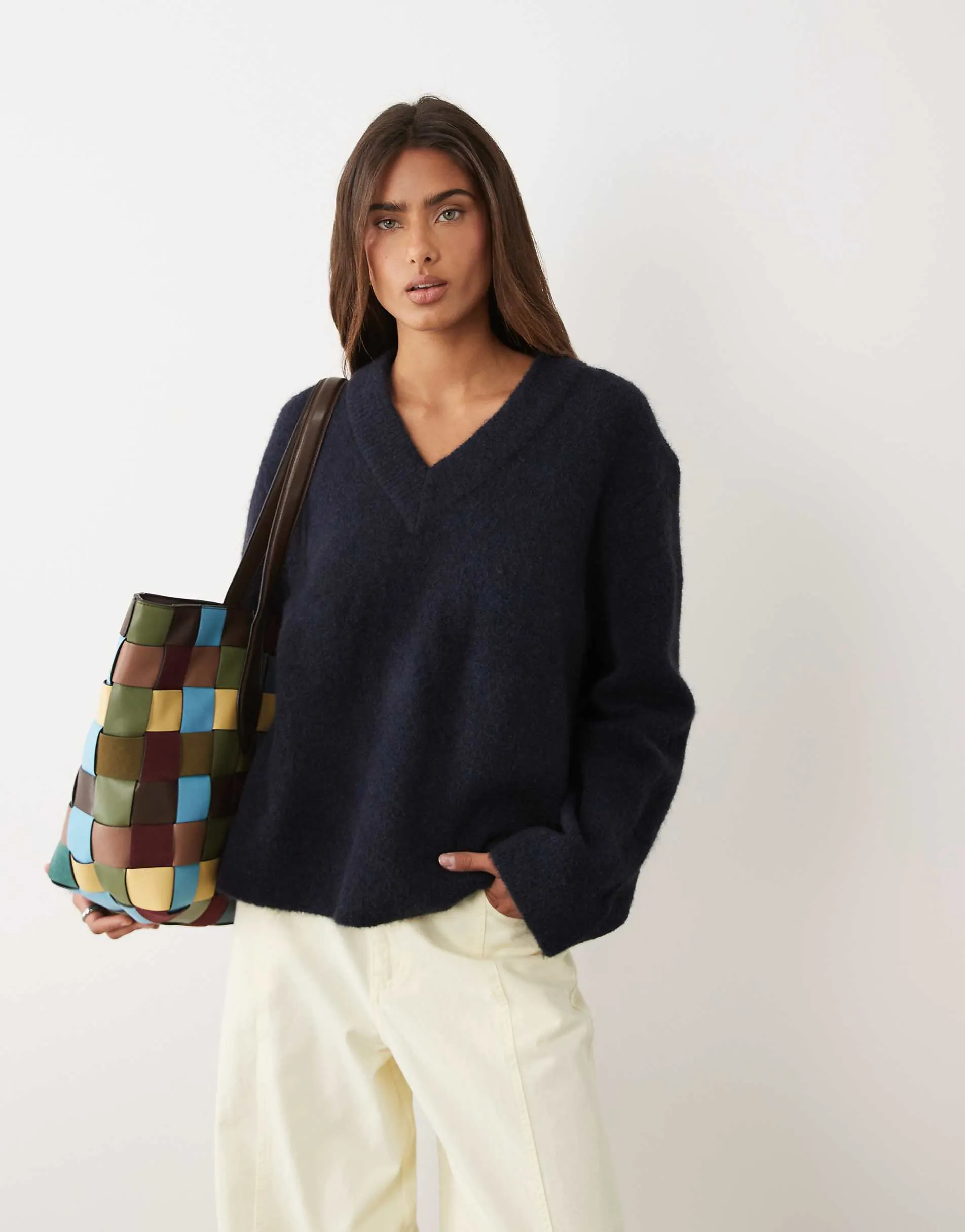 ASOS DESIGN v neck relaxed jumper in navy