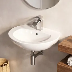 Lavabo de cerámica 57 x 45 cm, lavamanos suspendido blanco, lavabo suspendido con rebosadero, lavabo lavamanos con válvula pop-up
